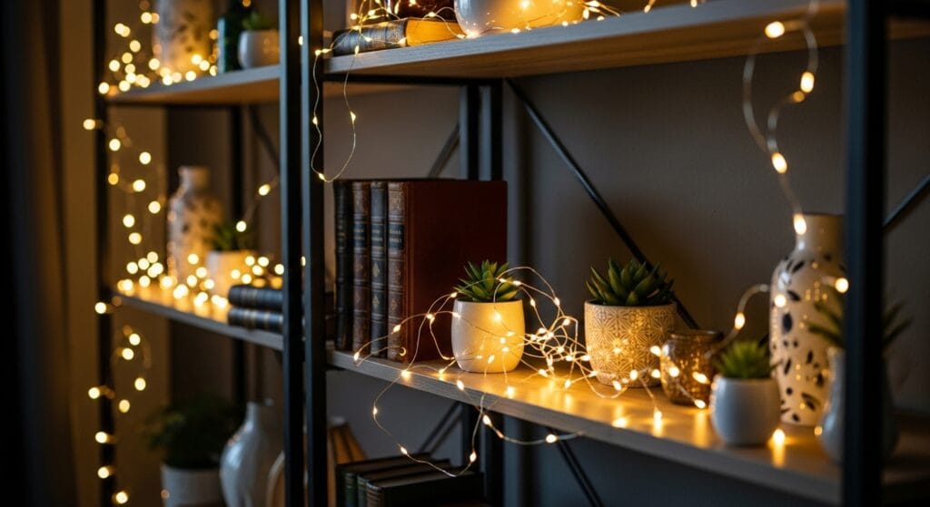 Warm fairy string lights draped along a living room shelf glowing softly at dusk.