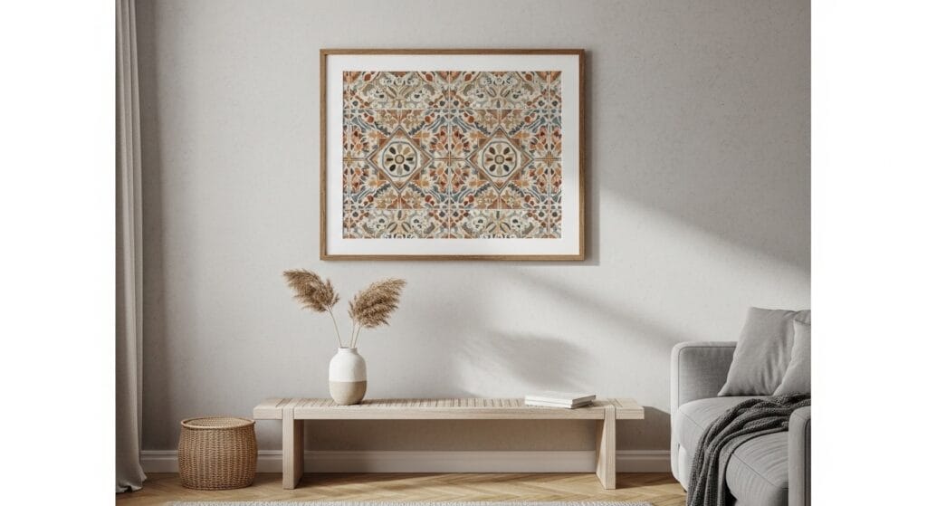 Framed decorative tile pattern artwork hung on a neutral-toned living room feature wall.