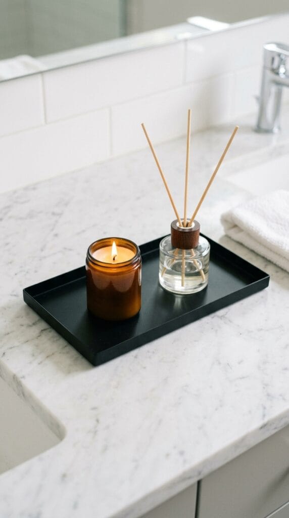 Matte black decorative tray holding a candle and diffuser on a white bathroom counter