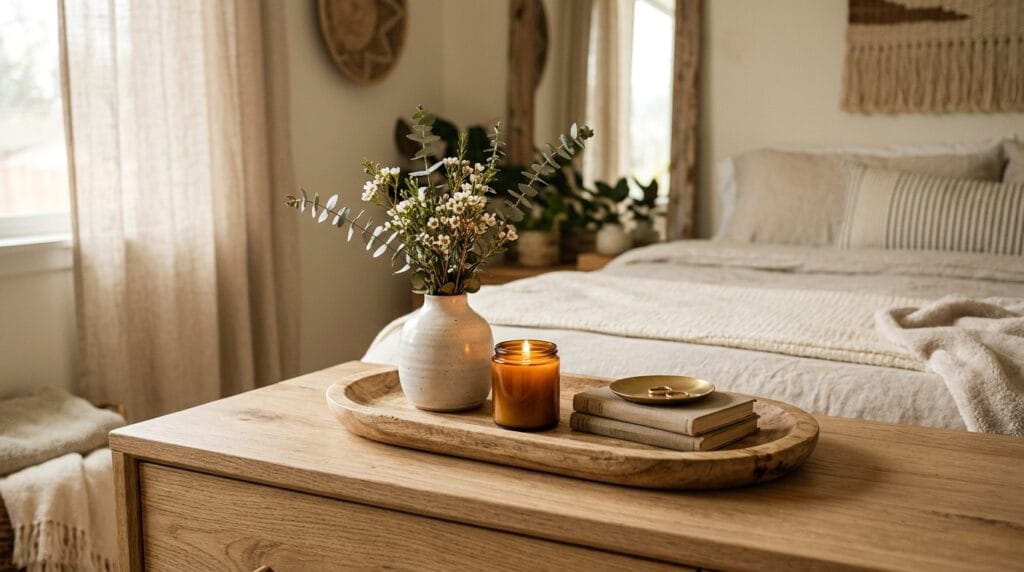 Sage green bedroom decor ideas: calm, fresh and timeless 7 Natural wood decorative tray styled on a bedroom dresser with small ceramic accents