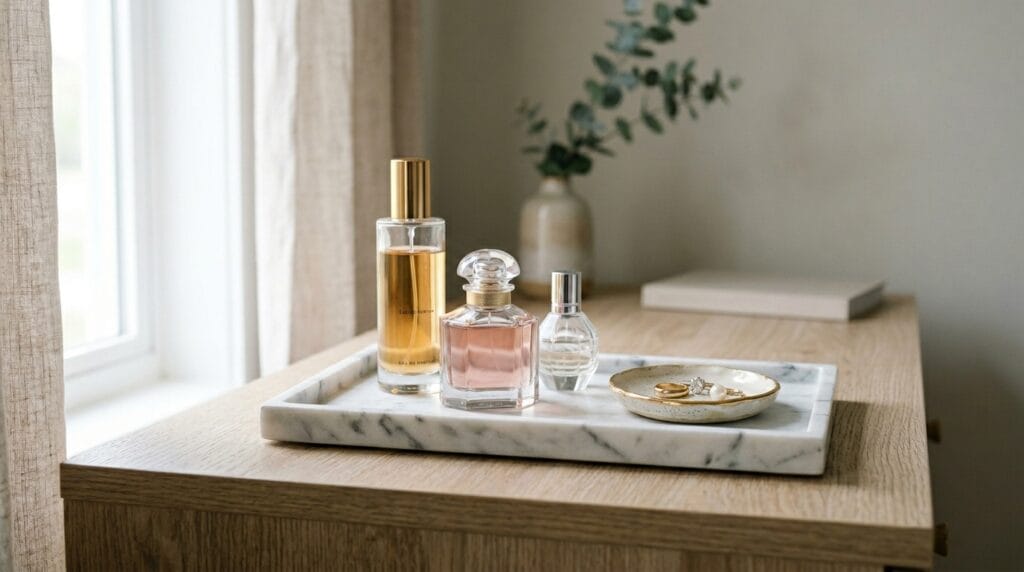 Marble vanity tray on a bedroom dresser holding perfume bottles and a ring dish