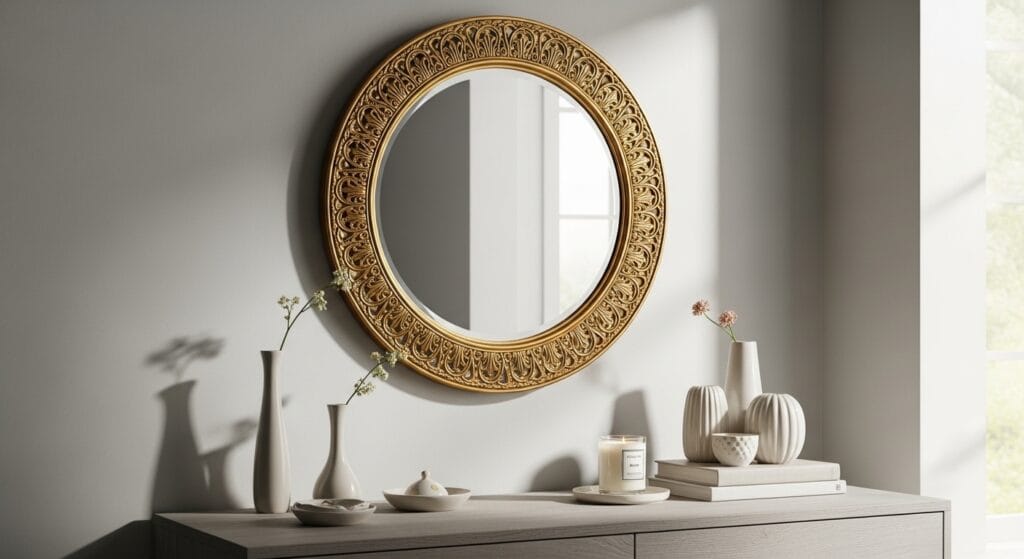 Round gold-framed decorative wall mirror mounted above a styled bedroom dresser
