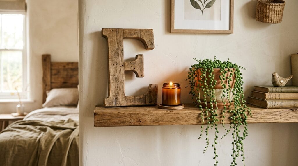 Rustic Bedroom Decor Ideas: Warm, Textured and Inviting 9 Large decorative wooden letter displayed on a rustic bedroom shelf with candles and plants.