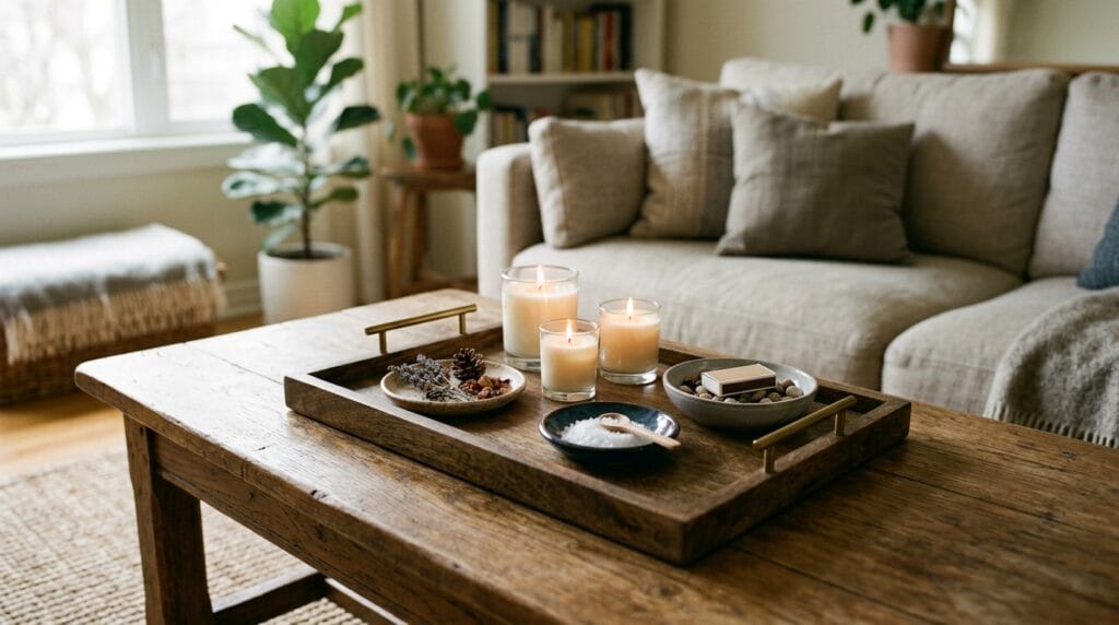 Wooden decorative tray holding small candles and dishes on a coffee table.