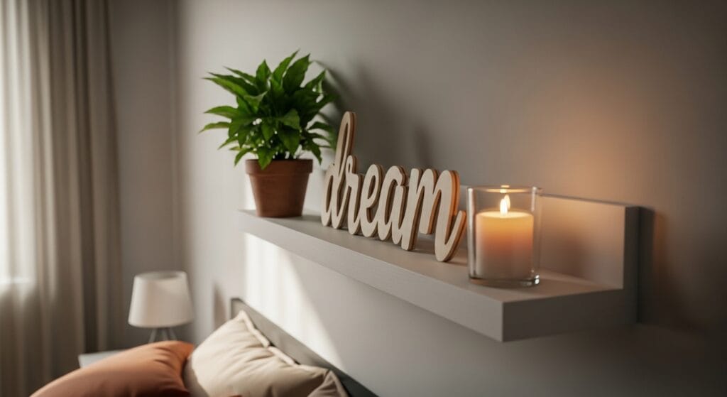 Decorative wooden word sign leaning on a bedroom shelf beside a plant and candle
