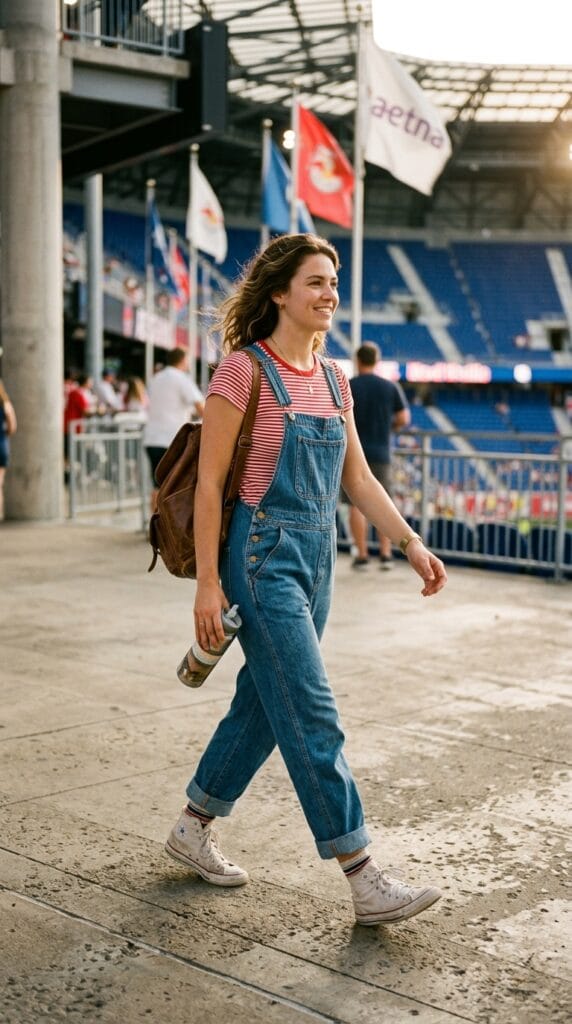 Woman wearing denim overalls over a striped red and white tee at a stadium.