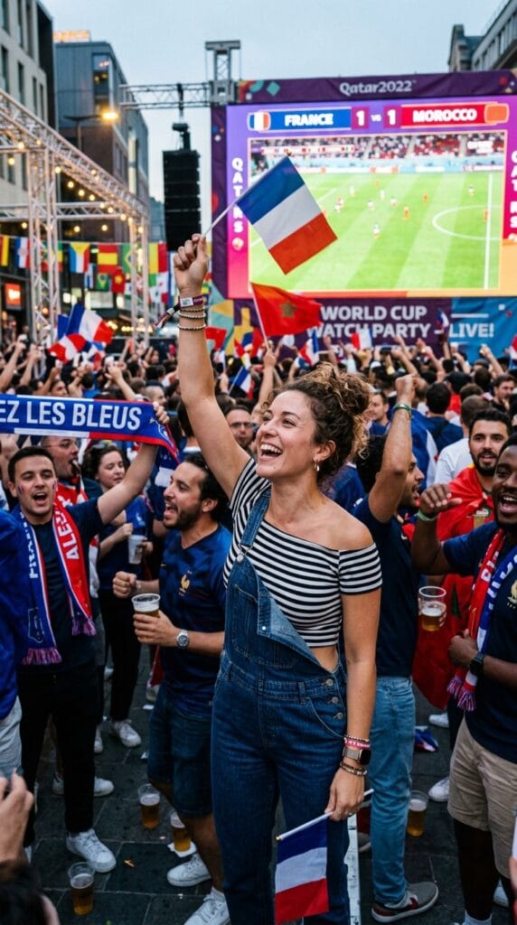 Woman in denim overalls and striped crop top at an outdoor block party watch event.