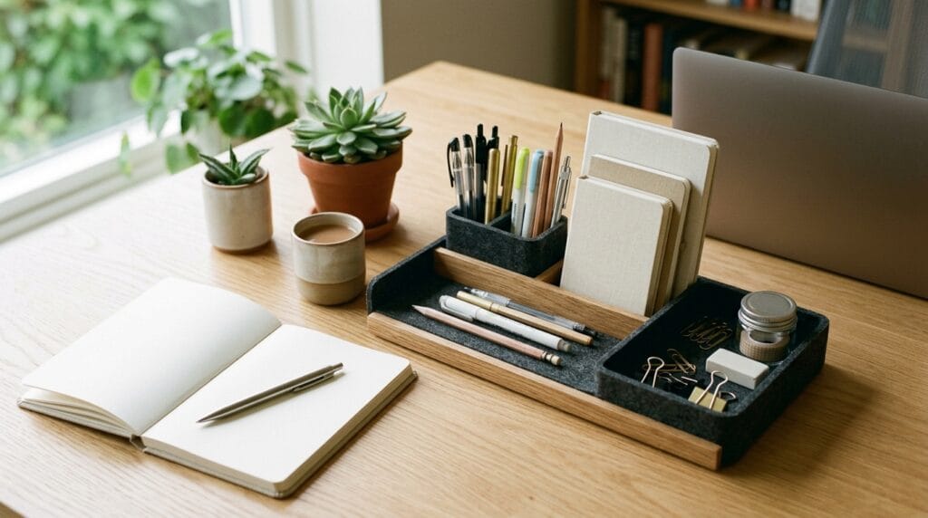 Home Office Organization Ideas: Desk, Closet and Storage 2 Tidy desk surface with organizer trays holding pens, notepads, and small supplies neatly.