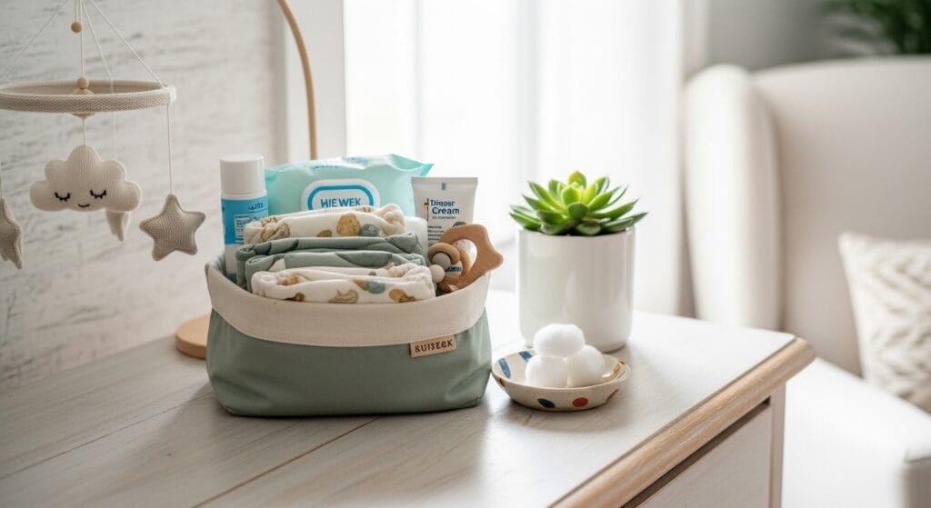 Nursery dresser top featuring a fabric caddy holding diapers and changing supplies.