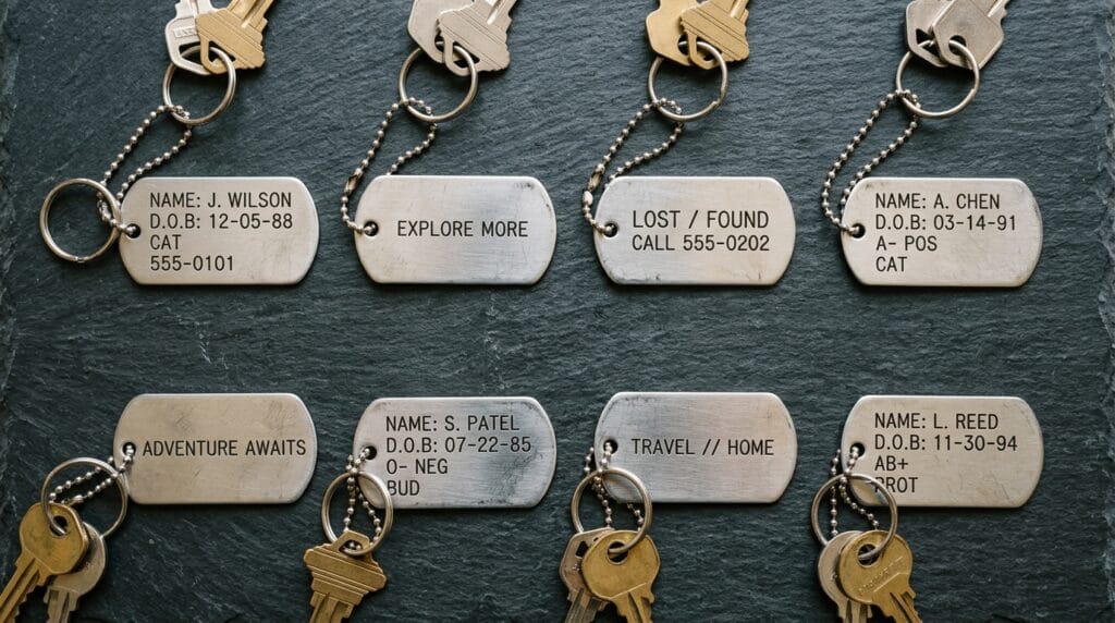 Metal dog tag keychains arranged on a dark textured surface with soft editorial lighting
