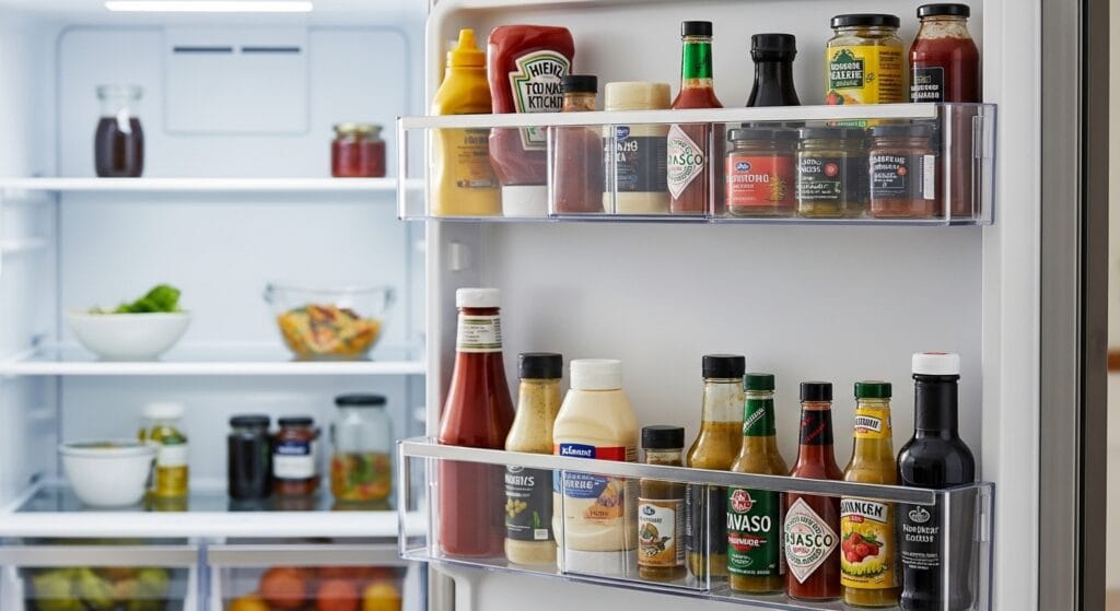 Refrigerator Organization Ideas for a Cleaner Fridge 4 Refrigerator door shelves with neatly arranged bottles, jars, and condiment containers.