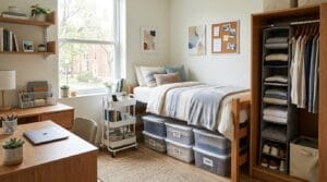 Organized dorm room featuring under-bed storage, desk organizer, closet system, and rolling cart.