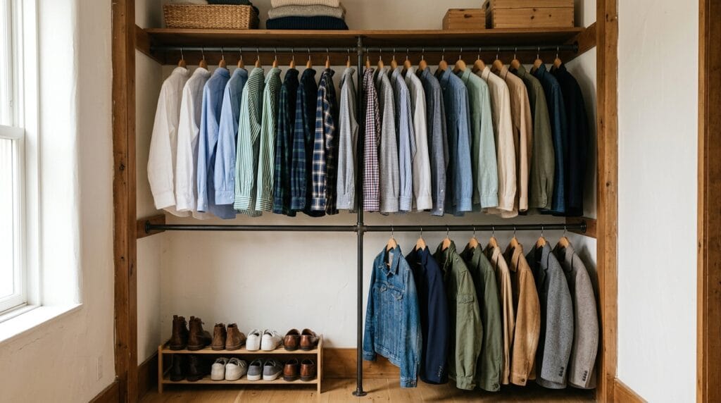How to Organize a Small Closet With Lots of Clothes 2 Small closet interior with double hanging rods holding shirts and jackets organized