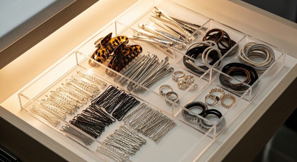 Best Hair Tool Storage Ideas for Your Bathroom (Wall + Drawer) 11 Shallow drawer accessory tray holding bobby pins, clips, and elastics in organized bathroom drawer.