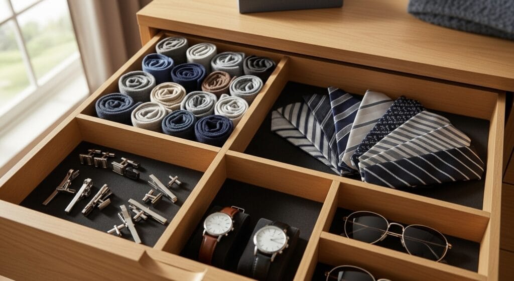 Dresser drawer with dividers separating socks, belts, and accessories in organized compartments.