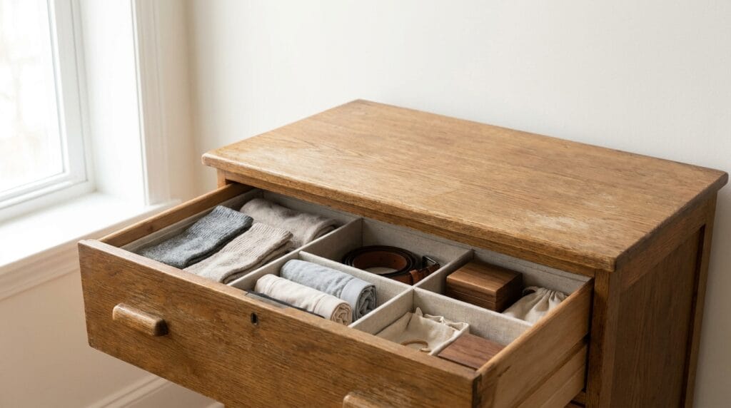 Bedroom Organization Ideas: From Dresser to Closet 2 Open dresser drawer with dividers neatly organizing folded socks and clothing items.
