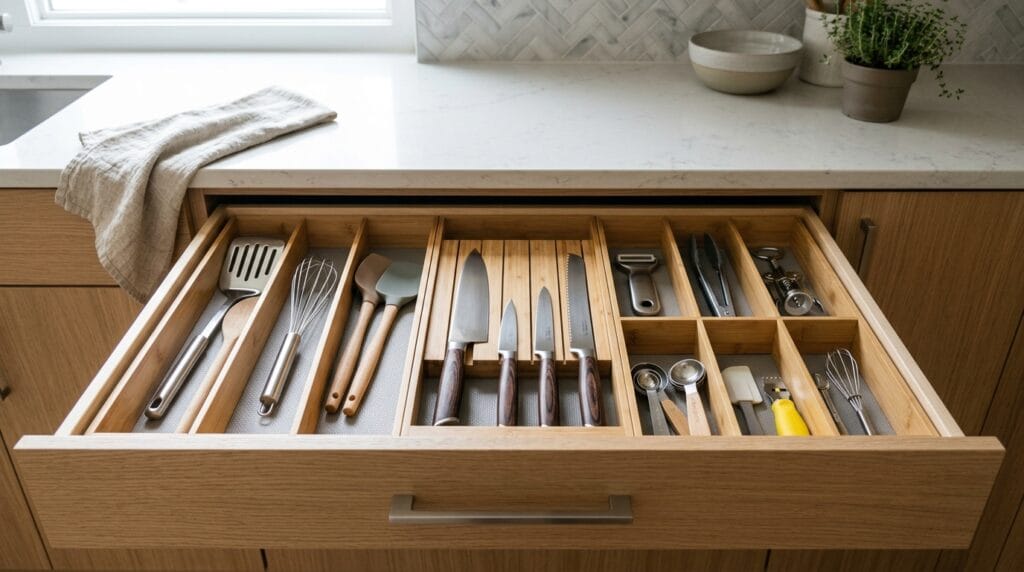 Kitchen and Pantry Organization: The Full Room Guide 3 Open kitchen drawer with modular dividers neatly separating utensils, knives, and cooking tools inside.