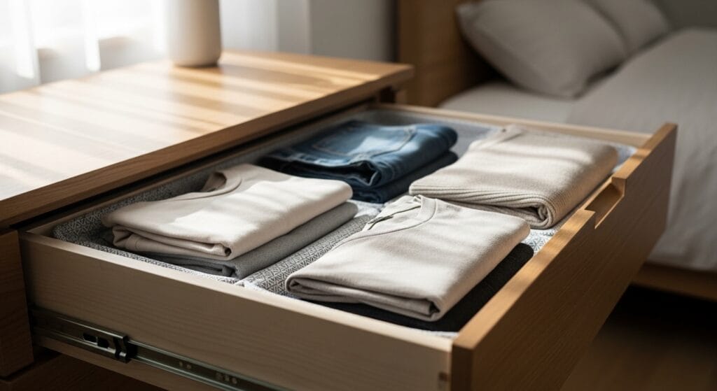 Dresser drawer interior lined with textured material beneath neatly folded clothing.