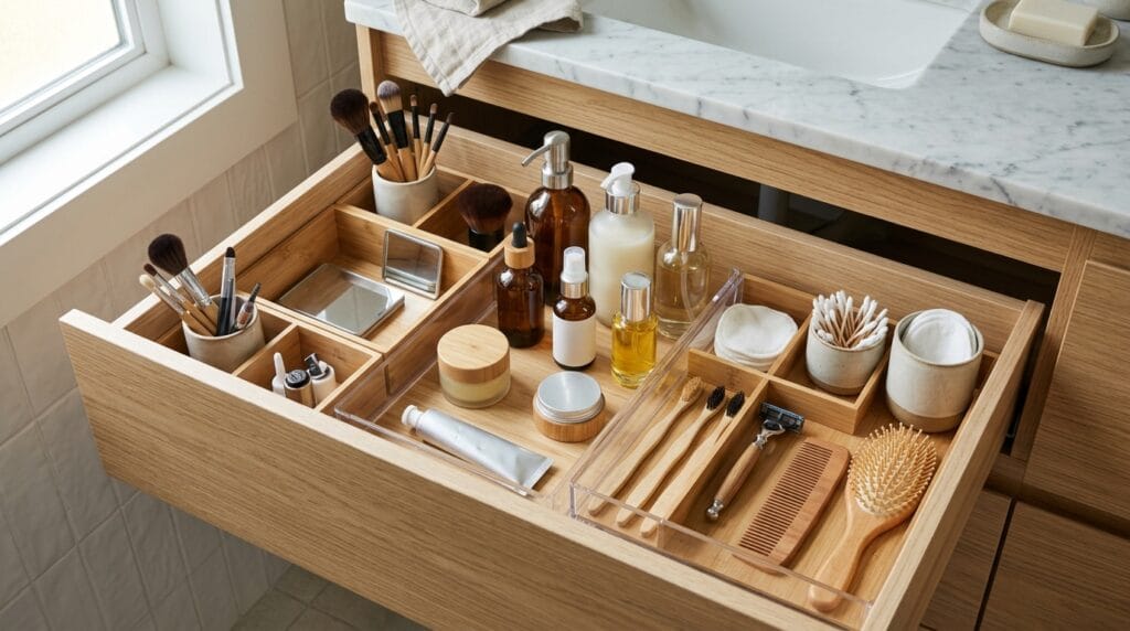 Budget Friendly Bathroom Organization: Full Reset Under $40 3 Bathroom drawer neatly divided with organizers separating everyday personal items