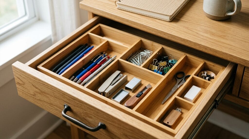 Home Office Organization Ideas: Desk, Closet and Storage 3 Open desk drawer divided into compartments holding pens, clips, and small supplies.