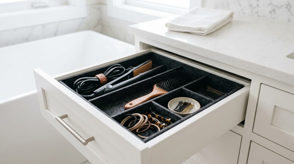 Best Hair Tool Storage Ideas for Your Bathroom (Wall + Drawer) 3 Open bathroom drawer with organizer compartments holding flat iron and styling accessories neatly.