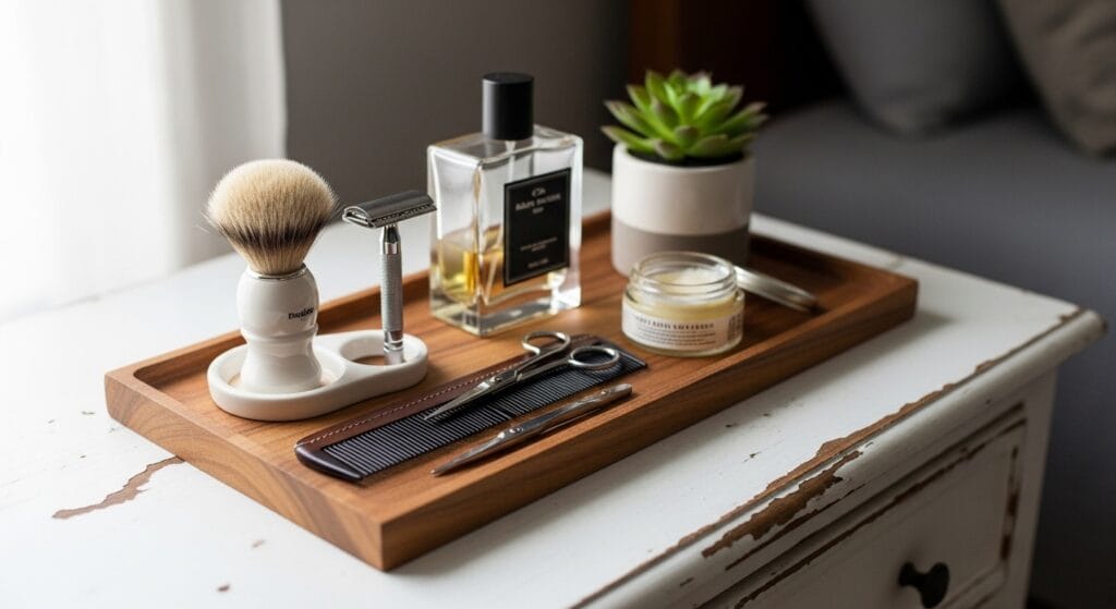 Wooden tray on dresser top organizing grooming essentials in a tidy arrangement.