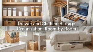 Organized home storage solutions displayed across multiple rooms with tidy drawers