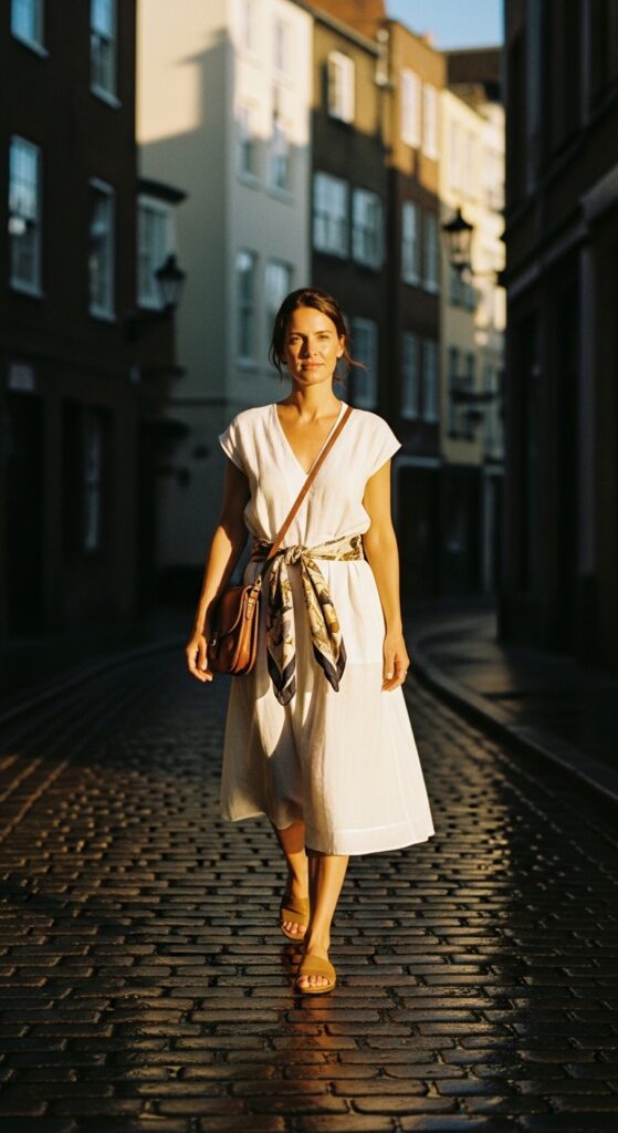 White Boho Dress Outfits That Feel Fresh and Effortlessly Angelic 14 Woman in white drawstring linen shift dress with vintage scarf belt on cobblestone street