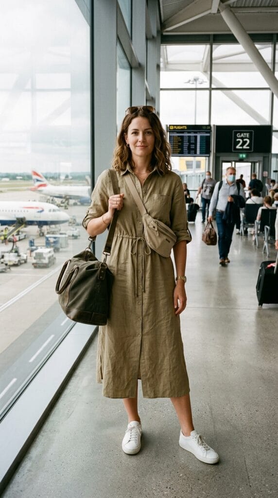 18 Summer Vacation Dresses That Pack Light & Look Amazing 16 Woman wearing khaki linen blend drawstring shirt dress with white trainers at airport departure