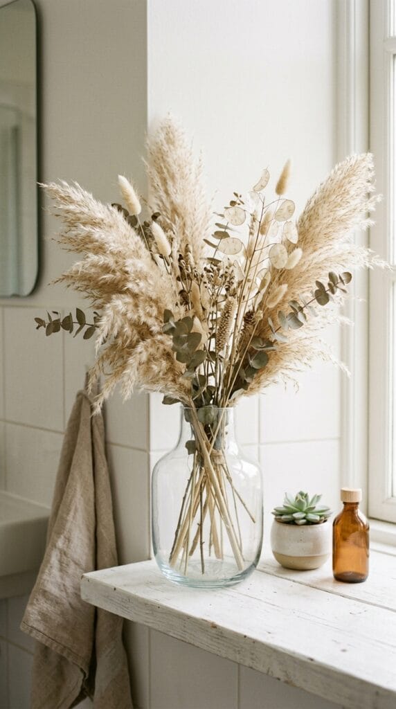 Glass vase with dried pampas grass on a white wooden bathroom shelf