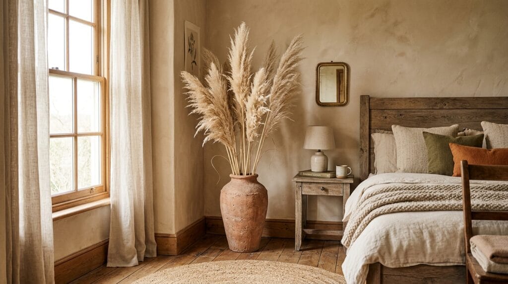 Rustic Bedroom Decor Ideas: Warm, Textured and Inviting 5 Dried pampas grass stems in a tall vase beside a rustic bedroom window.