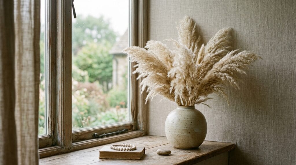 Dried pampas grass arranged inside a rounded ceramic vase near a window.