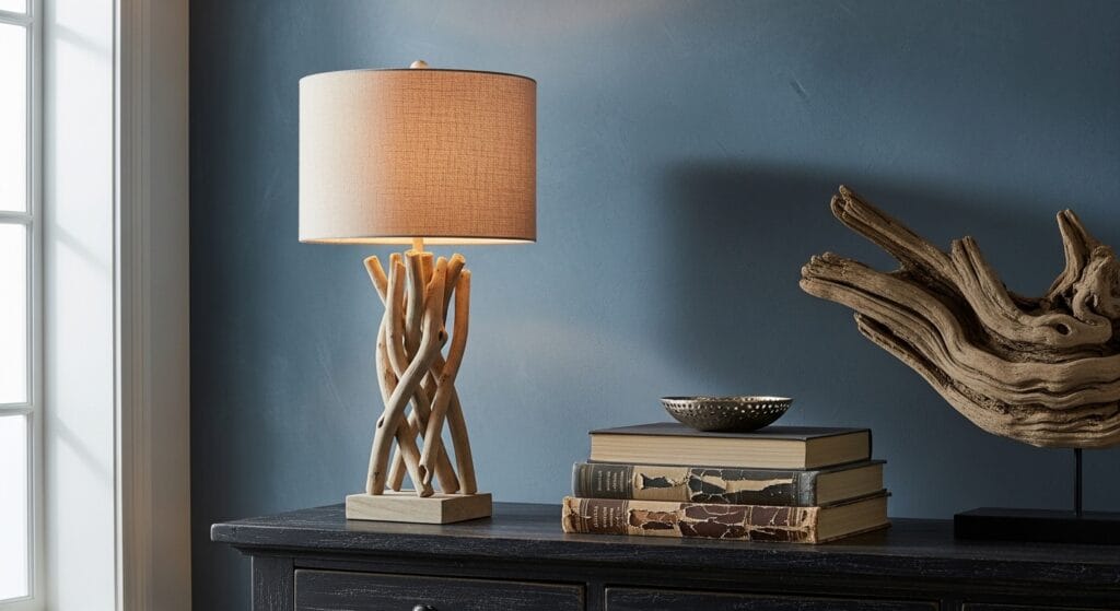 Dark Coastal Living Room: Moody, Dramatic, and Still Totally Beachy 6 Driftwood-style table lamp with a linen shade on a dark console table in a coastal room.