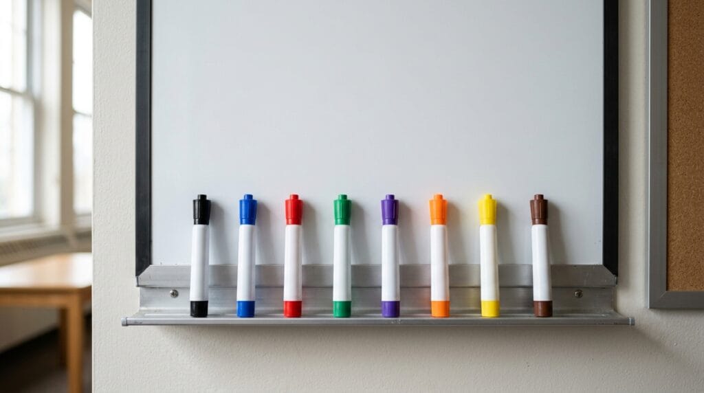 Best Back to School Gifts for Teachers That They Actually Need and Want 11 Dry erase markers lined up beneath a clean classroom whiteboard in soft light.
