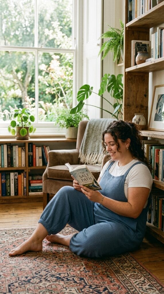 11 Plus Size Overalls Outfits for Casual Summer Days 7 Plus size model wearing dusty blue knit overalls outfit over a casual white tee
