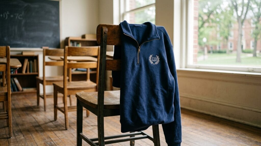 Best Back to School Gifts for Teachers That They Actually Need and Want 3 A navy quarter-zip pullover with embroidered detail draped over a classroom chair.