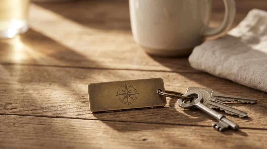 Engraved metal keychain and set of keys resting on a warm wooden table
