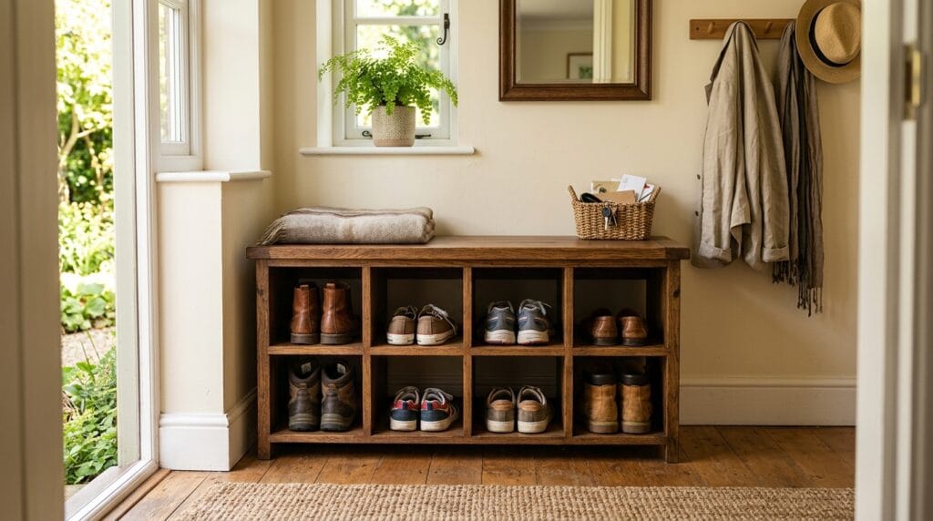 15 Shoe Storage Ideas for Small Spaces (Every Room) 6 Wooden entryway storage bench with shoe cubbies beneath holding organized pairs of footwear