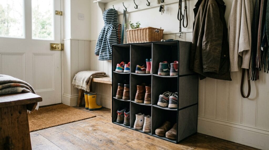 15 Shoe Storage Ideas for Small Spaces (Every Room) 12 Fabric shoe cubby organizer with multiple compartments holding children and adult shoe pairs