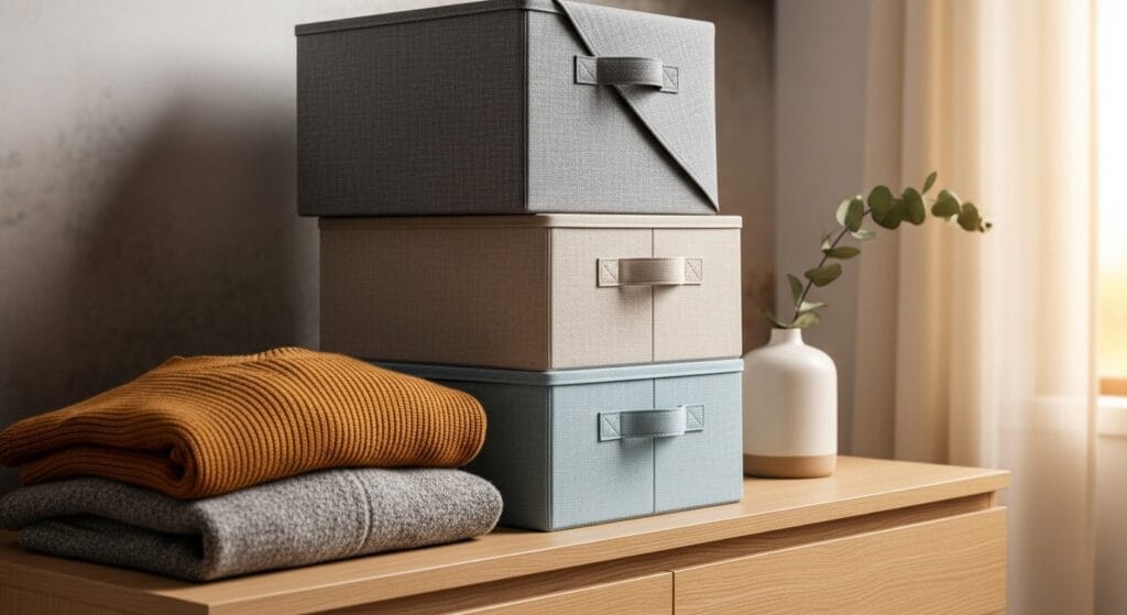 Fabric storage cubes stacked beside a dresser holding folded sweaters neatly.