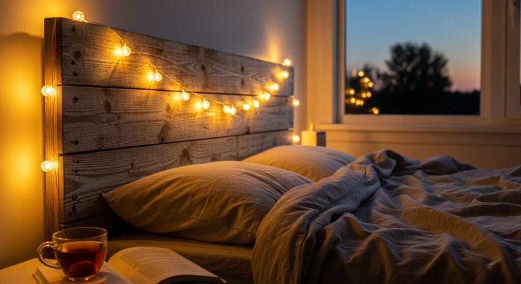 Warm fairy string lights draped softly over a wooden bedroom headboard at dusk