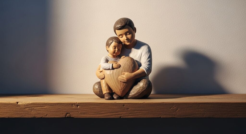 Father and child figurine sitting on a wooden shelf in warm ambient light