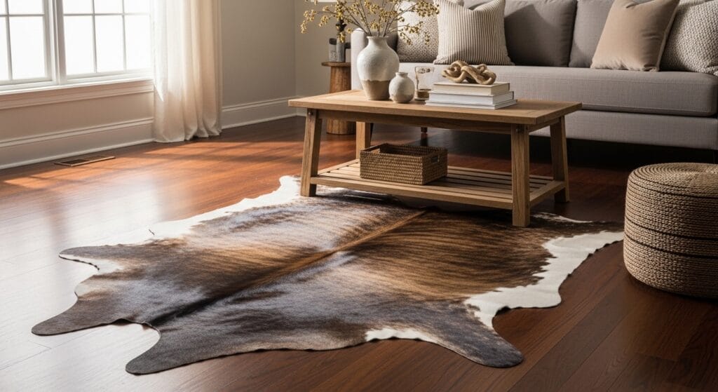 Faux cowhide rug with warm brown tones layered on a living room floor