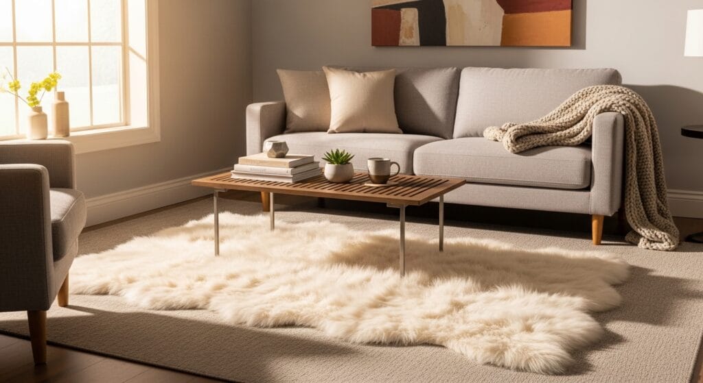 Cream faux fur rug layered beneath a wood coffee table, warm living room.