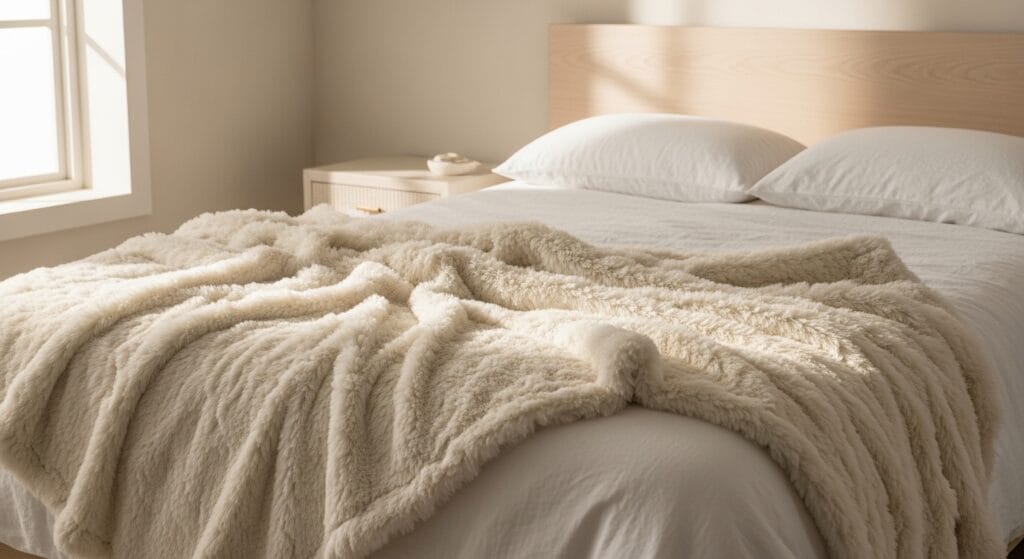 Soft faux fur throw blanket draped naturally across the foot of a bedroom bed