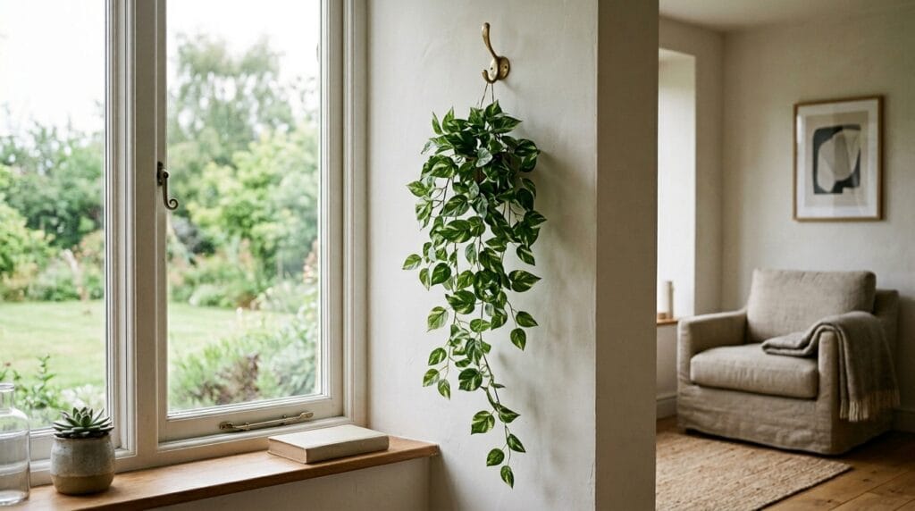 Cheap living room makeover: affordable decor finds under $30 4 Faux trailing green vine hanging from a wall hook beside a sunlit window.