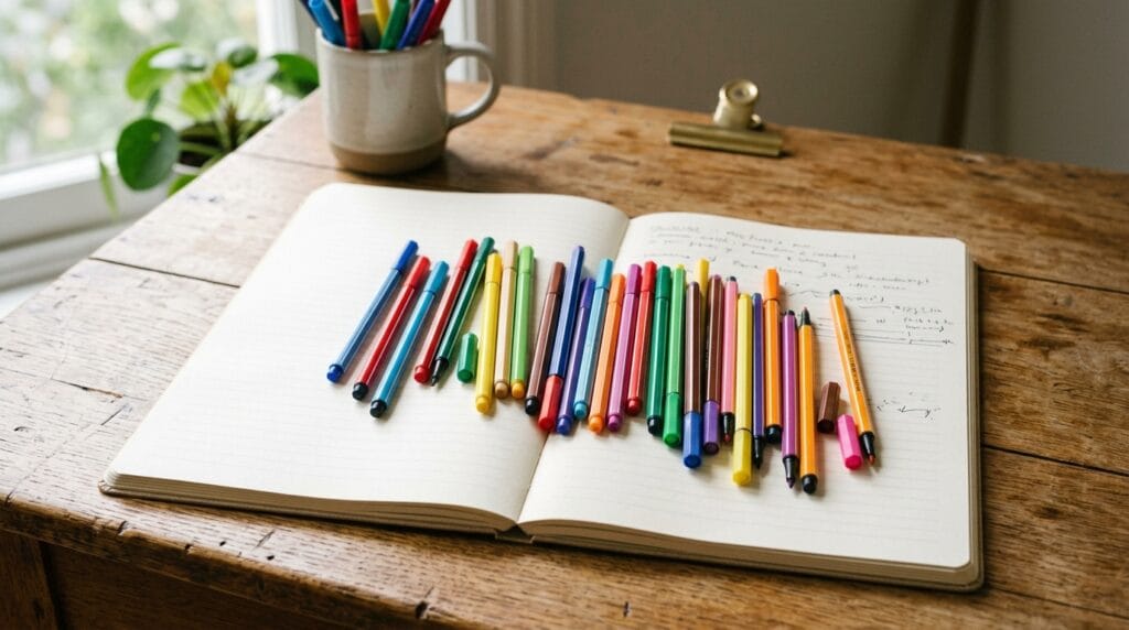 Best Back to School Gifts for Teachers That They Actually Need and Want 10 Assorted felt tip pens spread across an open notebook on a desk.