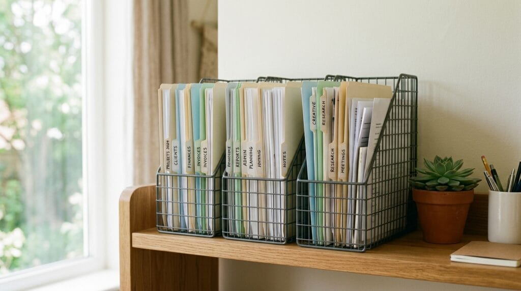 Home Office Organization Ideas: Desk, Closet and Storage 4 Upright file sorters holding folders and papers neatly organized on a desk shelf.