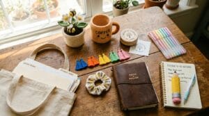 Desk flat lay of cozy handmade and stationery items arranged for a teacher gift guide.