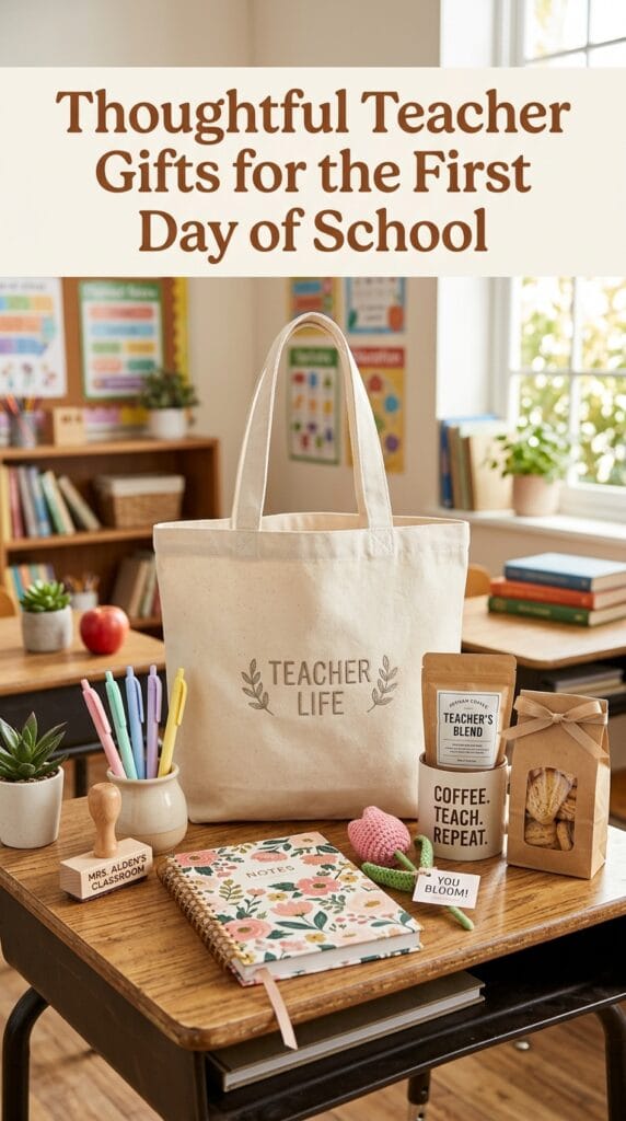 Collection of thoughtful first day of school teacher gifts displayed on a classroom desk including pens, tote bag, and personalized accessories.